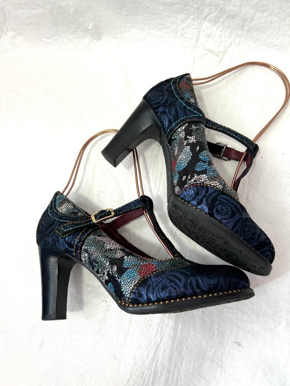 L'Artiste pumps high heels 36 6 womens Mazie navy blue floral metallic t bar - Picture 7 of 11